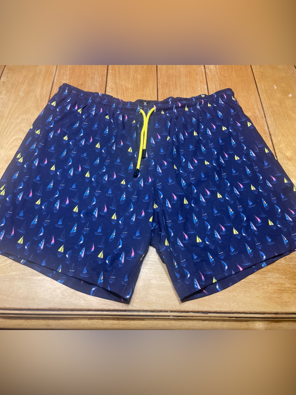 Bermies Navy Nautical Sailboat AOP Swim Trunks with Yellow Drawstring Large 6”